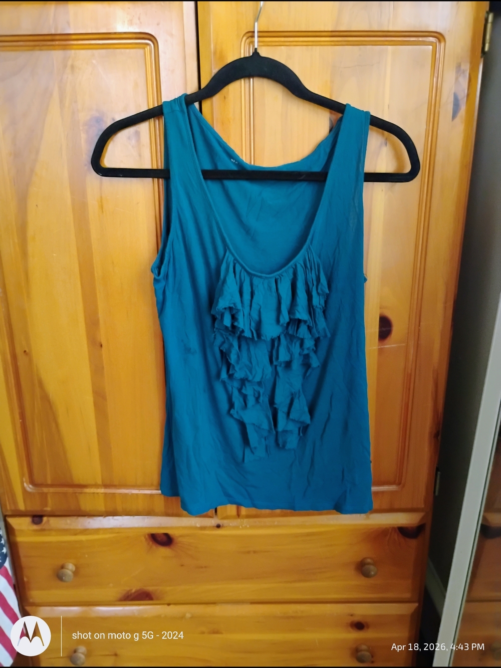 New York & Company Teal Ruffle Front Tank Top
